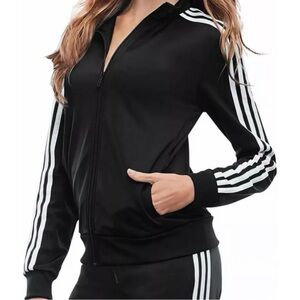 adidas 3 stripe Black Full Zip Hoodie Sweatshirt jacket with zip pockets
